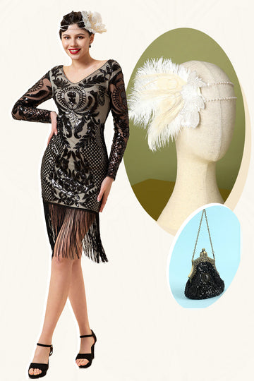 Noir Manches Longues Franges Pailletés 1920s Gatsby Flapper Robe avec 20s Accessoires Set